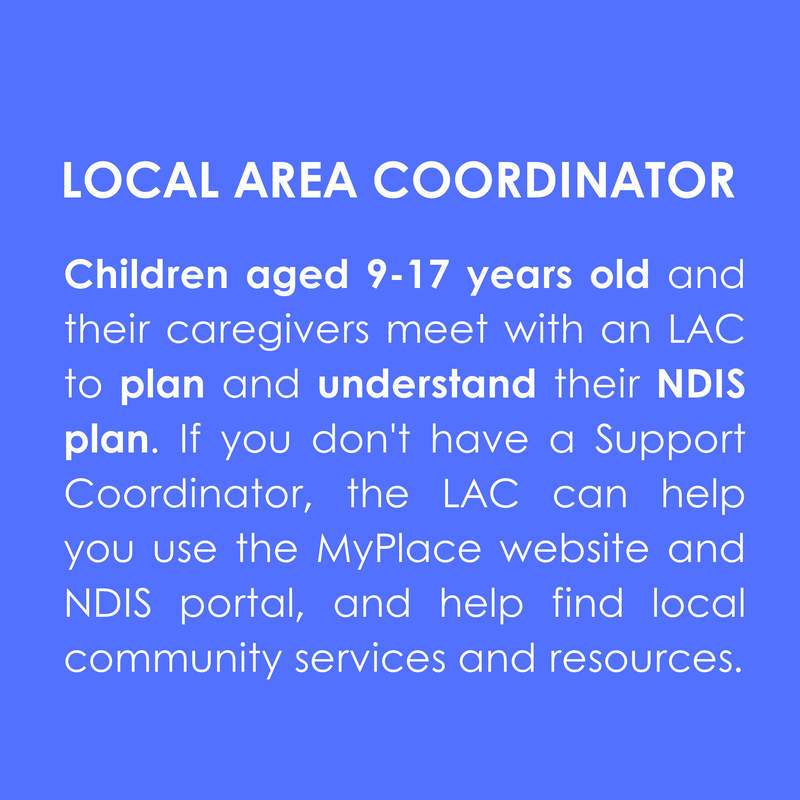 LOCAL AREA COORDINATOR  
Children aged 9-17 years old and their caregivers meet with an LAC to plan and understand their NDIS plan. If you don't have a Support Coordinator, the LAC can help you use the MyPlace website and NDIS portal, and help find local community services and resources.