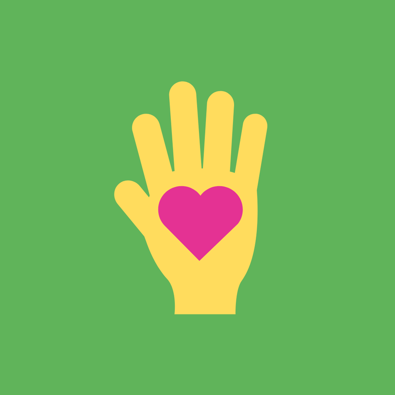Occupational Therapy, yellow hand with pink heart in centre, green background