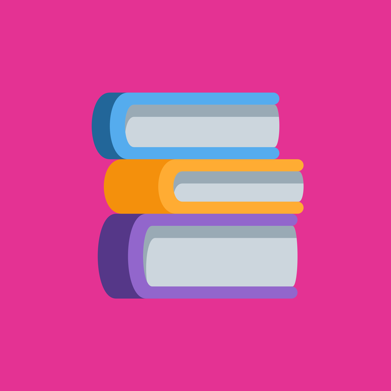 Resources, books stacked image, pink background