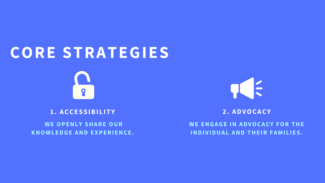 Core Strategies - 1. Accessibility - we openly share our knowledge and experience, 2. Advocacy - we engage in advocacy for the individual and their families.