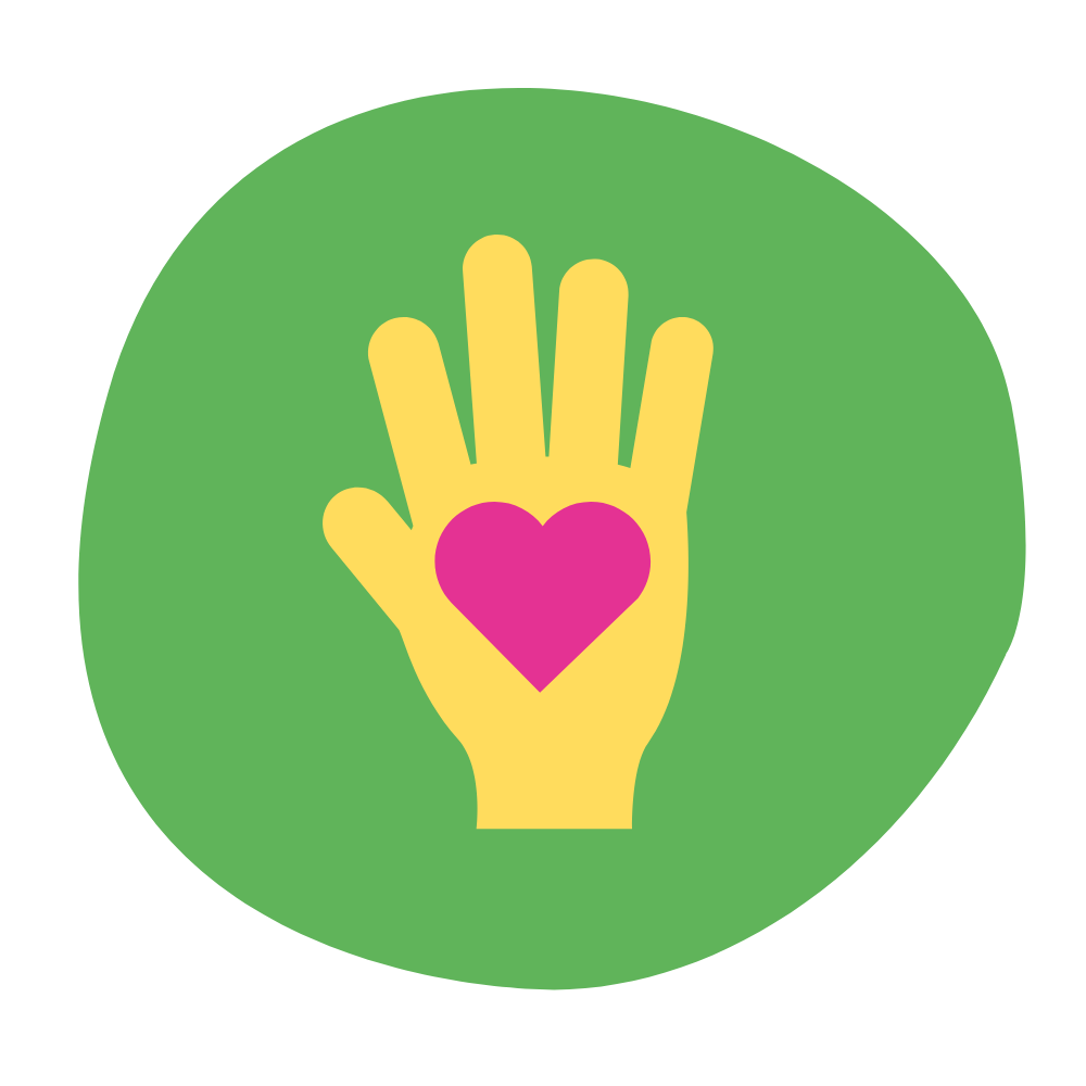 OT logo, yellow hand with pink heart in centre, green background
