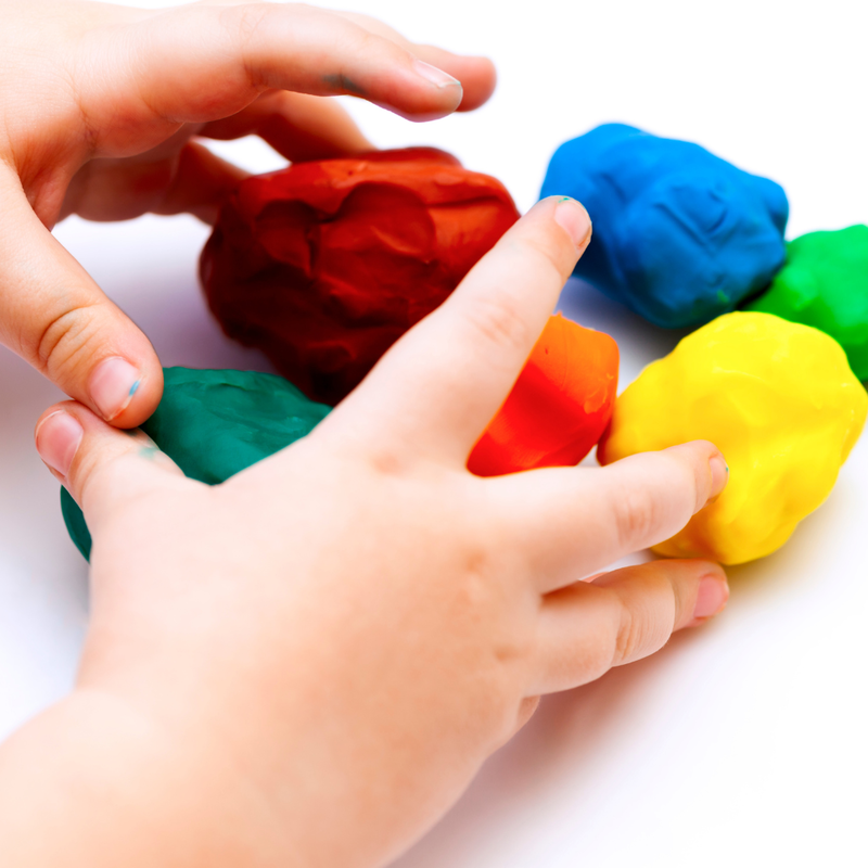 Playdough recipe, Kids hands, multicoloured batches of playdough